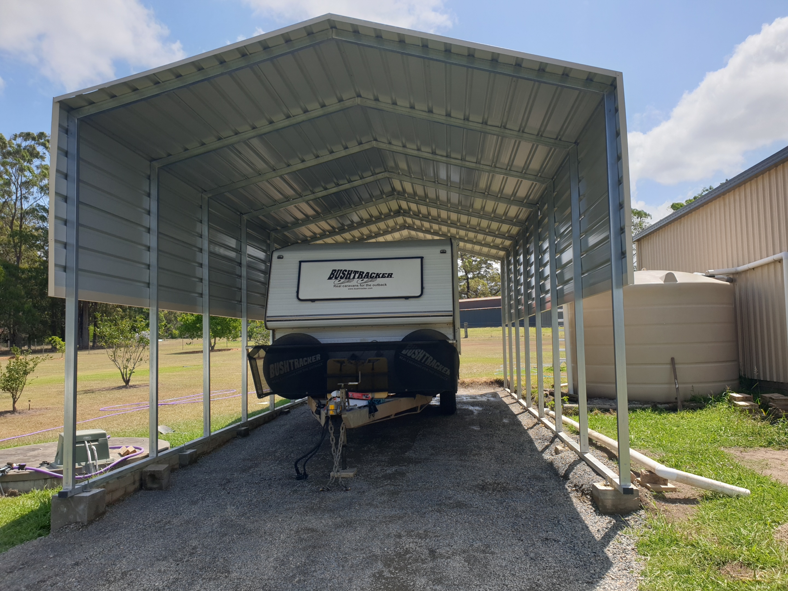 a trailer under a roof