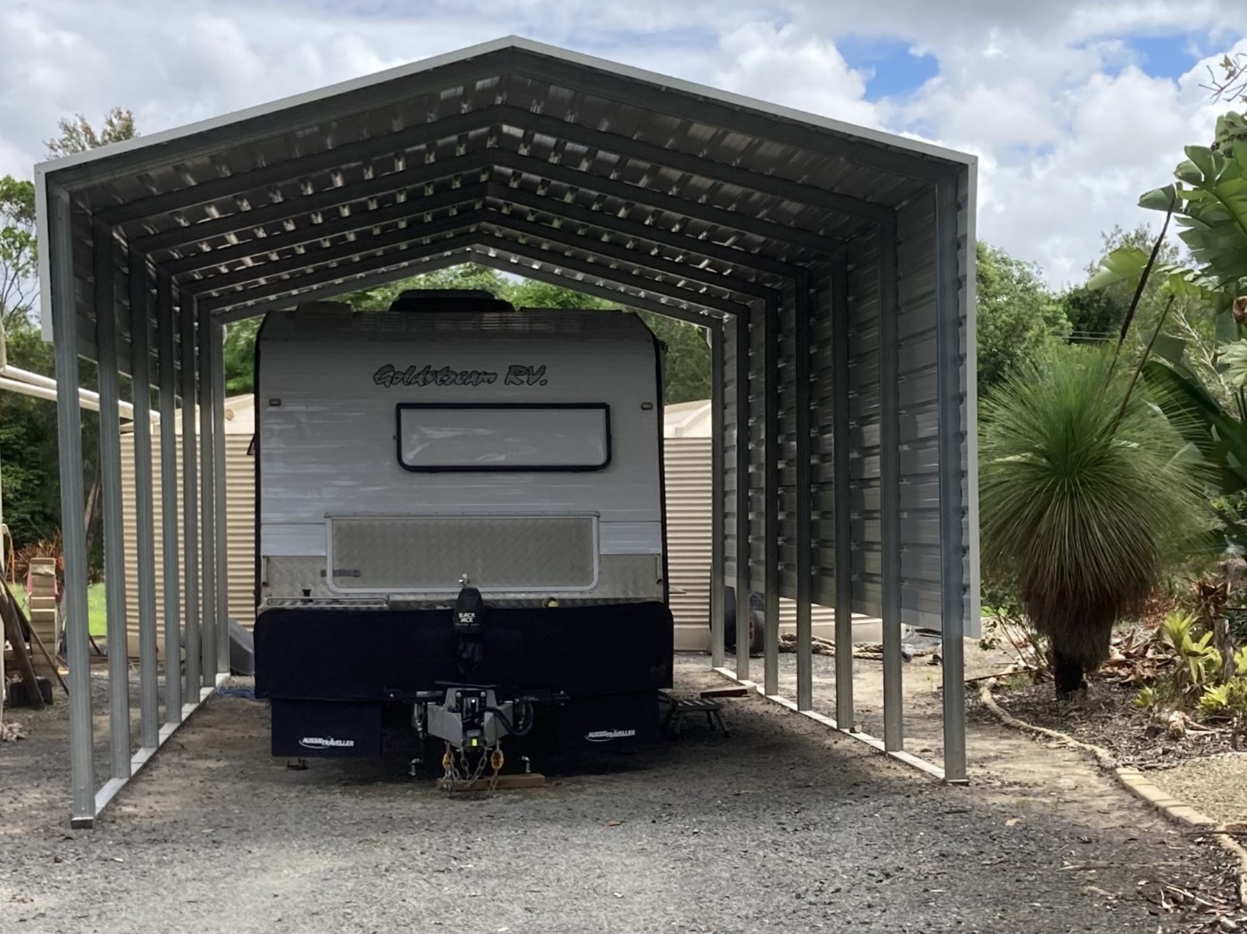 a trailer under a roof