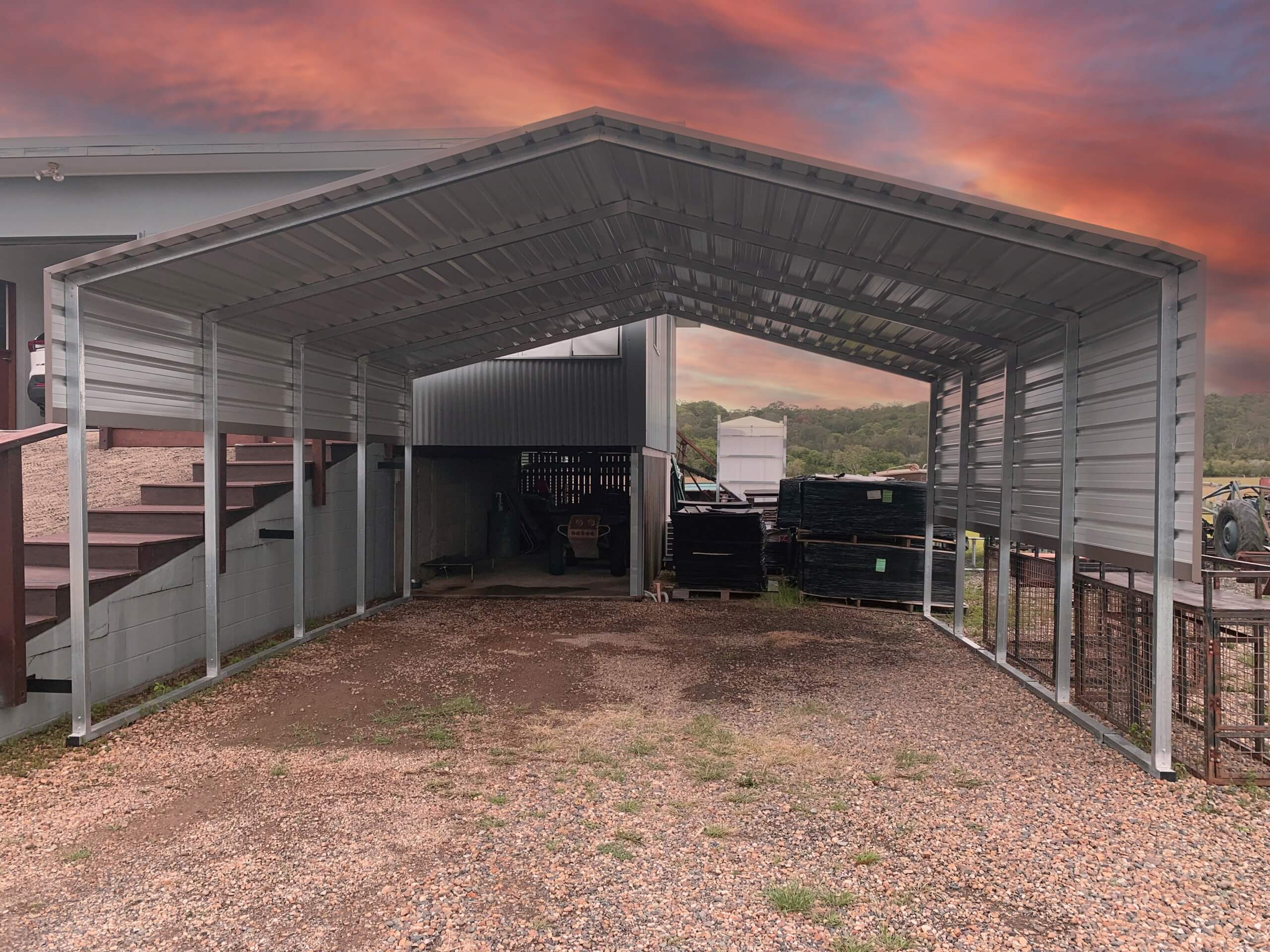 a metal shed with a roof