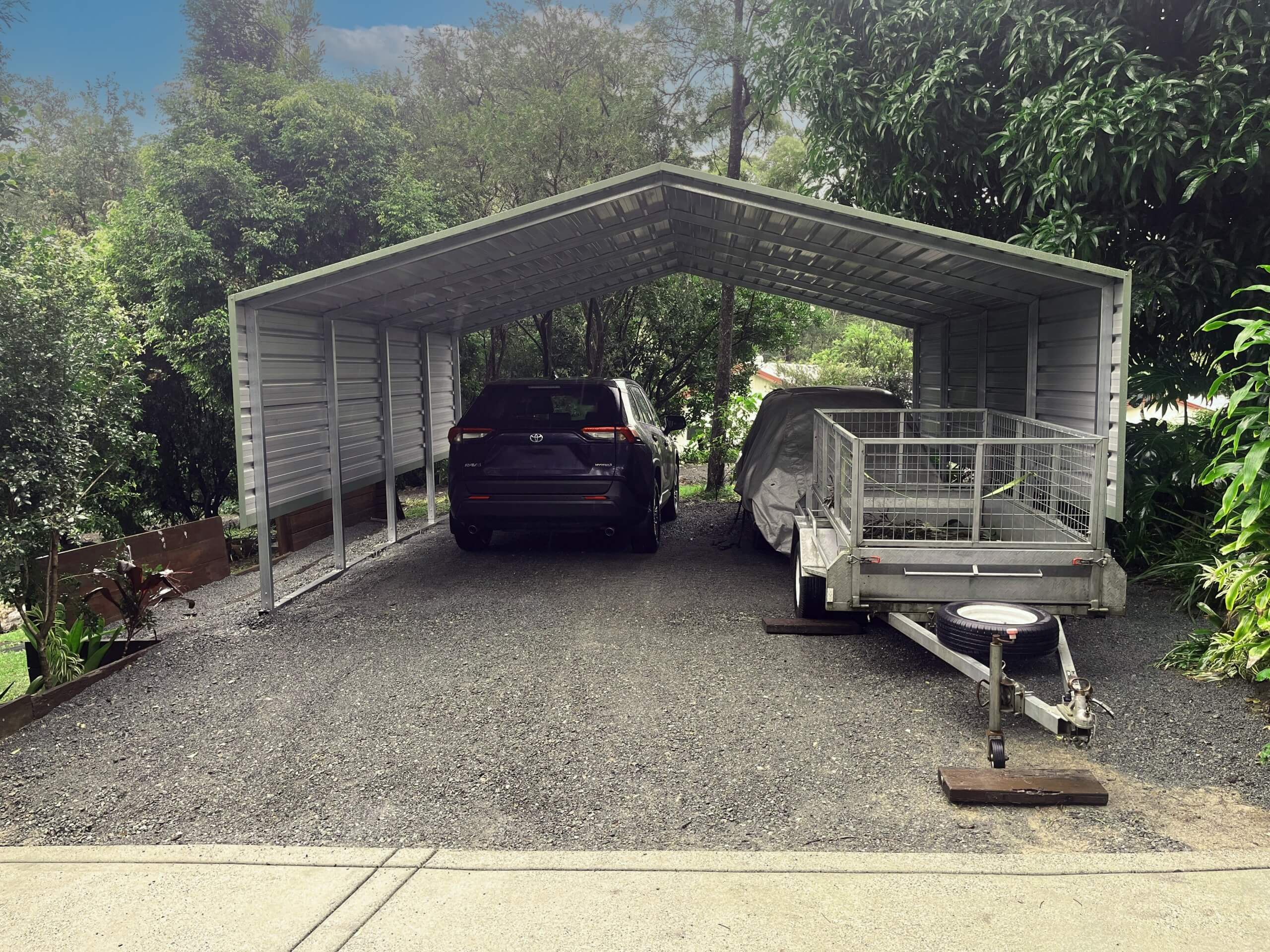 a car parked under a shed