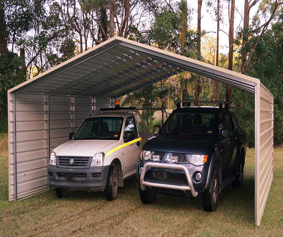 Two cars under a metal shelter