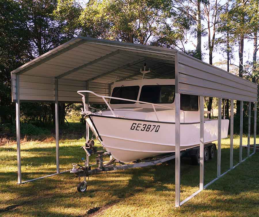 Boat sheltered under metal structure