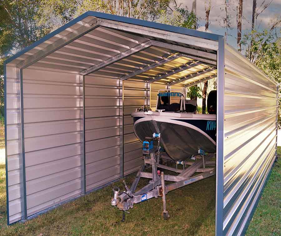 Boat stored in metal shelter